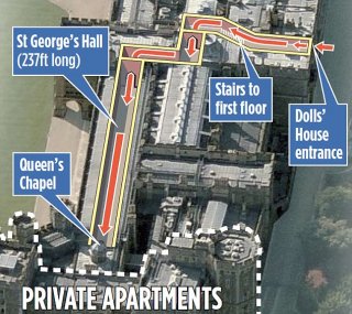 A map indicates the route that the Japanese tourist took to get just yards from the Queen's private appartment